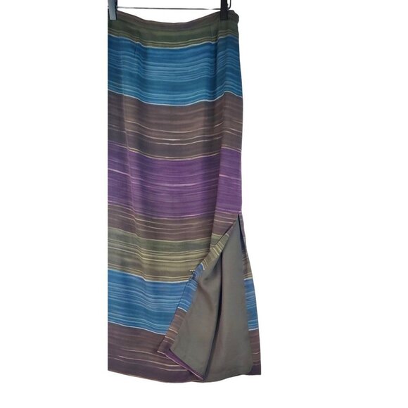 Skirt Maxi Slender Lined Multi Color Blended Stripes Rows Across Slit One side - Picture 3 of 9